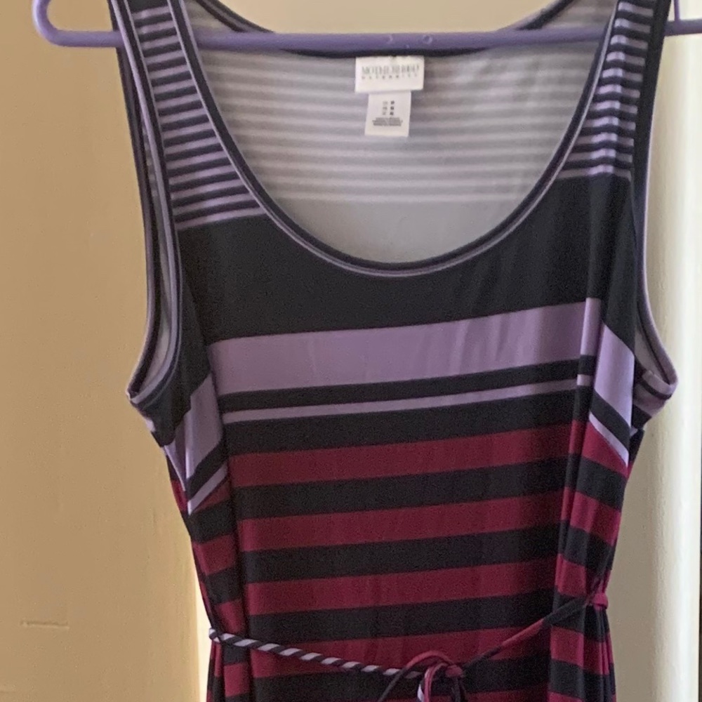 Belted purple striped maternity dress